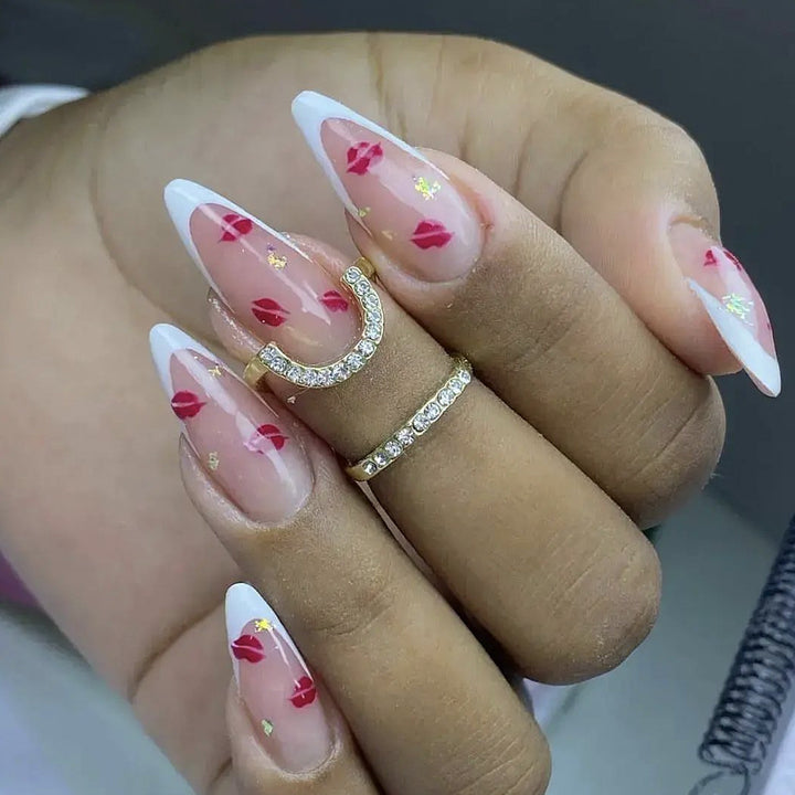 Elegant Kiss Print French Tip Nail Art Extensions Kalsten