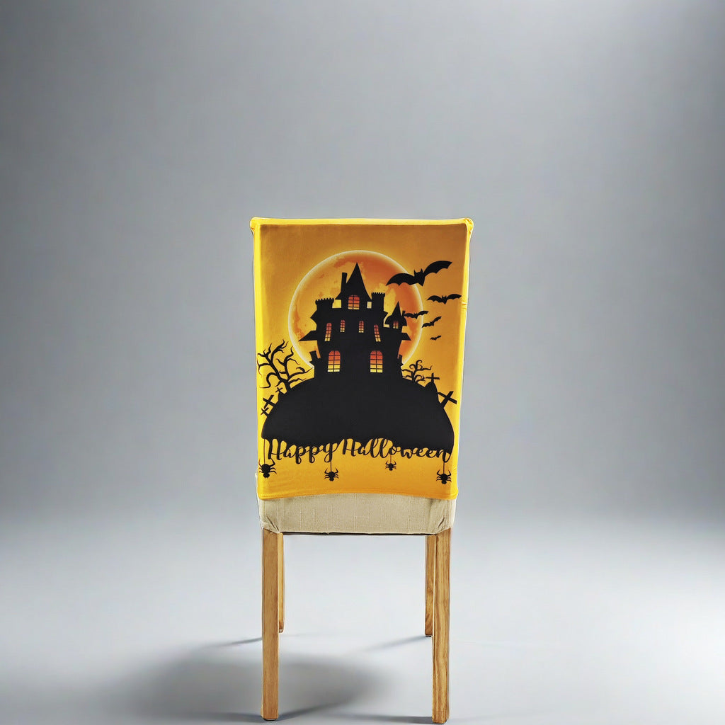 Stretch chair back cover with detailed pumpkin watercolor print and bat accents