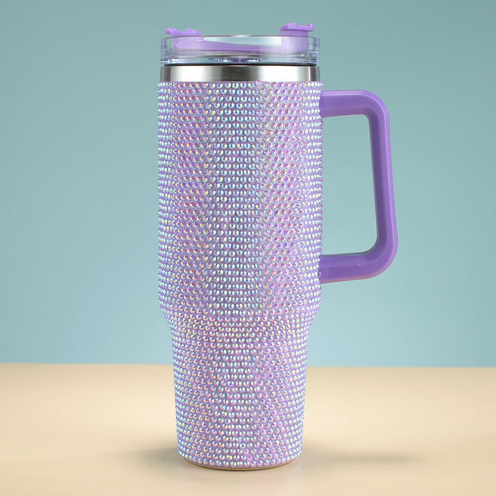Insulated Stainless Steel Rhinestone Travel Tumbler With Ergonomic Handle And Spill-Resistant Lid