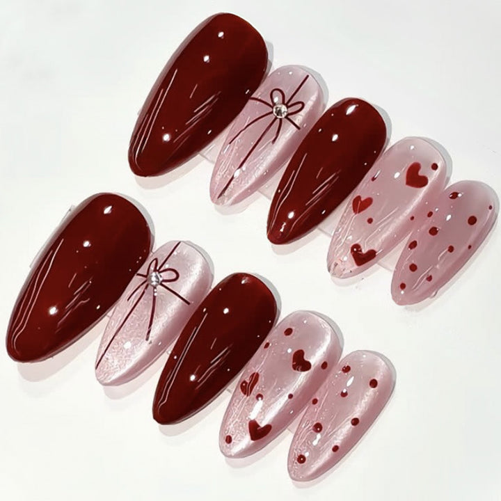 Decorative Press-On Nail Set with Heart and Bow Designs kalsten
