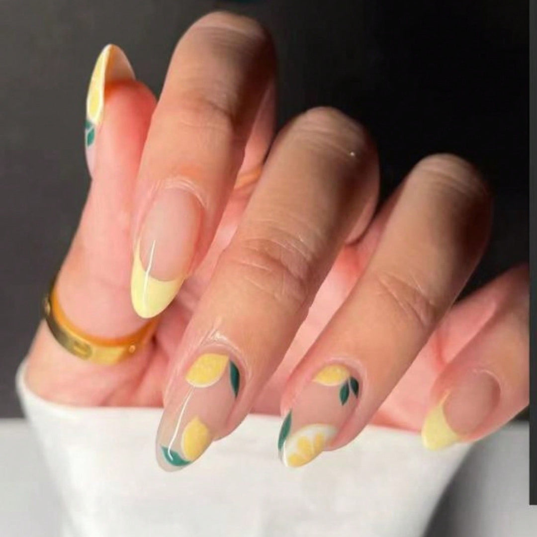 Stylish Nail Art Set with Lemon and Floral Design