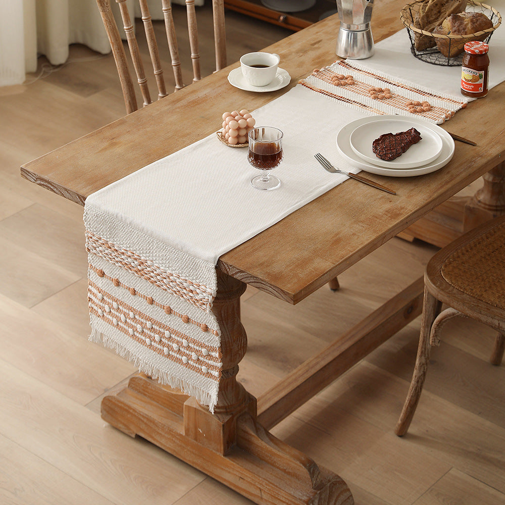 Woven cotton table runner with fringes and textured pattern Kalsten