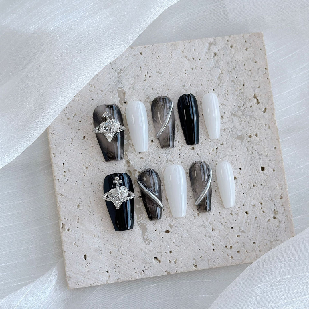 Artistic Press-On Nail Art Set with Heart and Celestial Designs