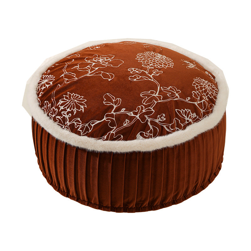 Round velvet floor pouf with floral embroidered top and faux fur trim Kalsten