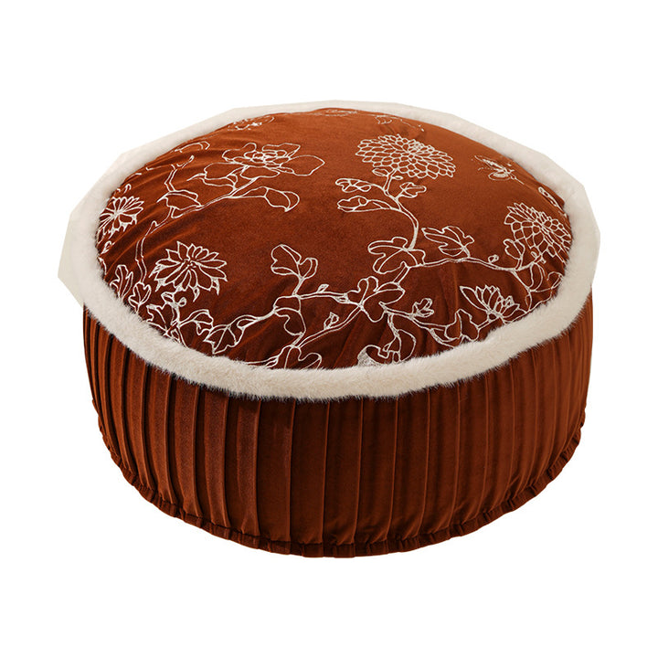 Round velvet floor pouf with floral embroidered top and faux fur trim Kalsten