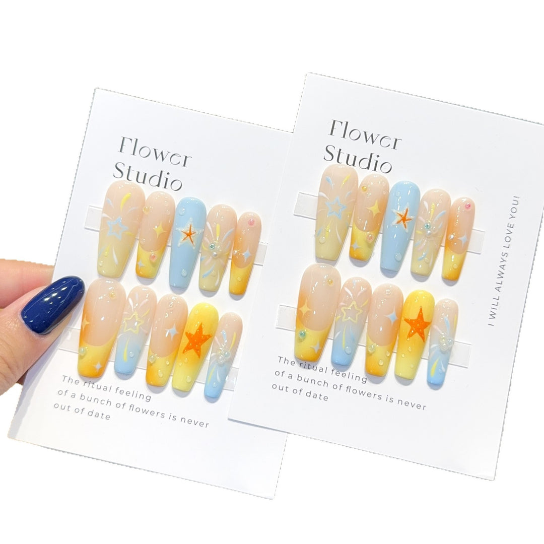 Artificial Nails Set with Colorful Stars and Floral Design Kalsten