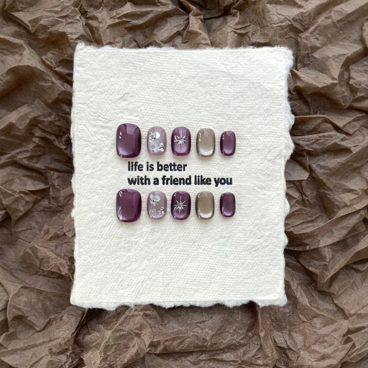 Artistic Press-On Nail Art Set with Decorative Gem Accents