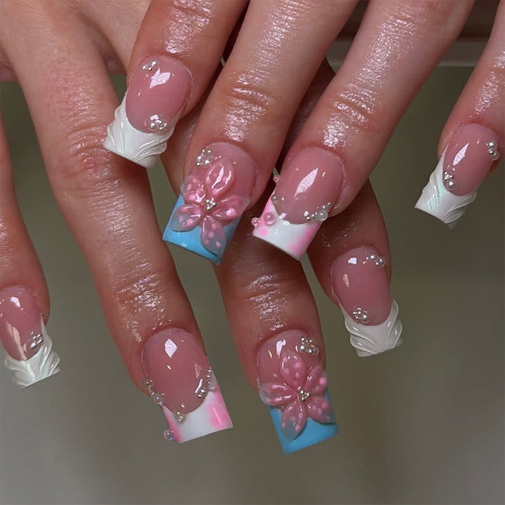 Artificial nails with floral 3D applications and detailed decorations Kalsten