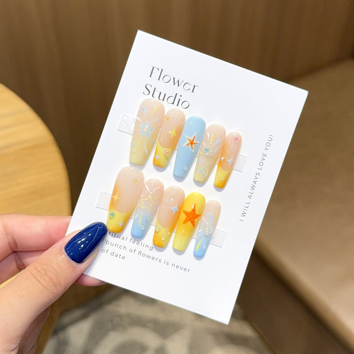 Artificial Nails Set with Colorful Stars and Floral Design Kalsten