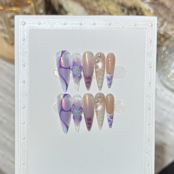 Artistic Stiletto Press-On Nail Design Set with Floral Elements Kalsten