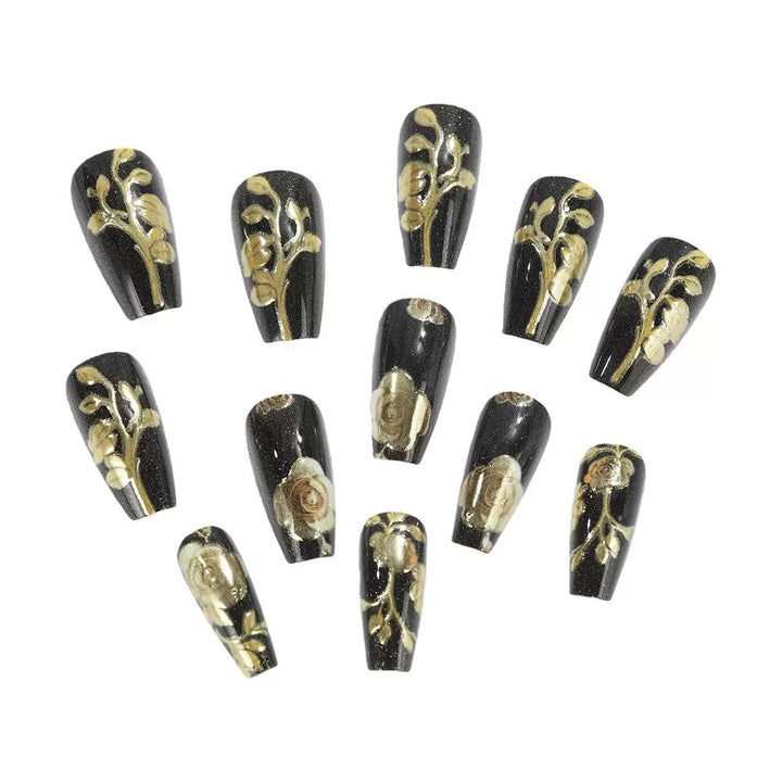 Artificial nail set with elegant golden rose decorations Kalsten