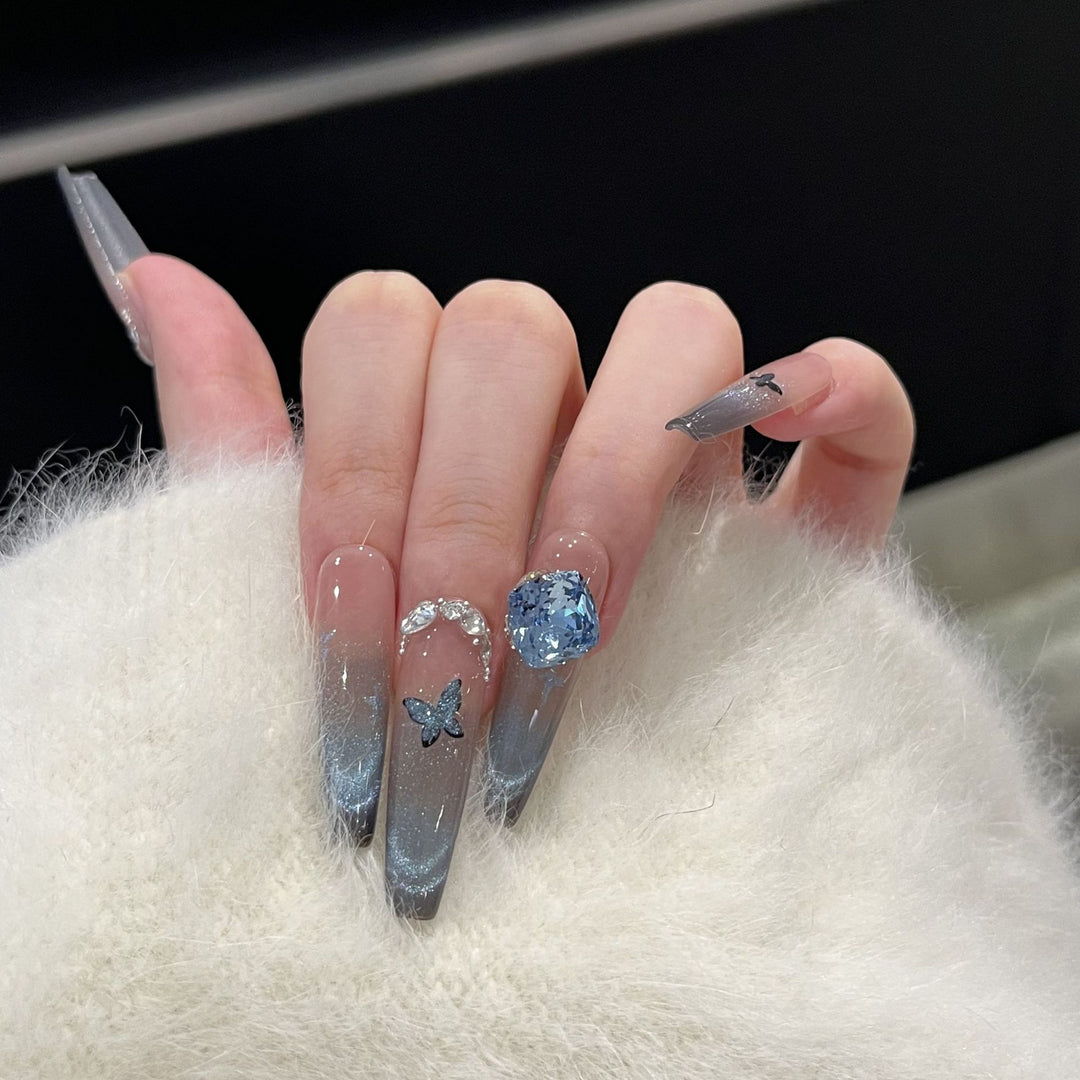 Artistic Ombre Press-On Nail Art Set with Butterfly and Gemstone Accents Kalsten