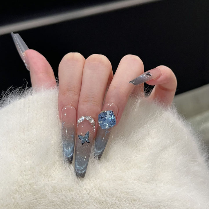 Artistic Ombre Press-On Nail Art Set with Butterfly and Gemstone Accents Kalsten