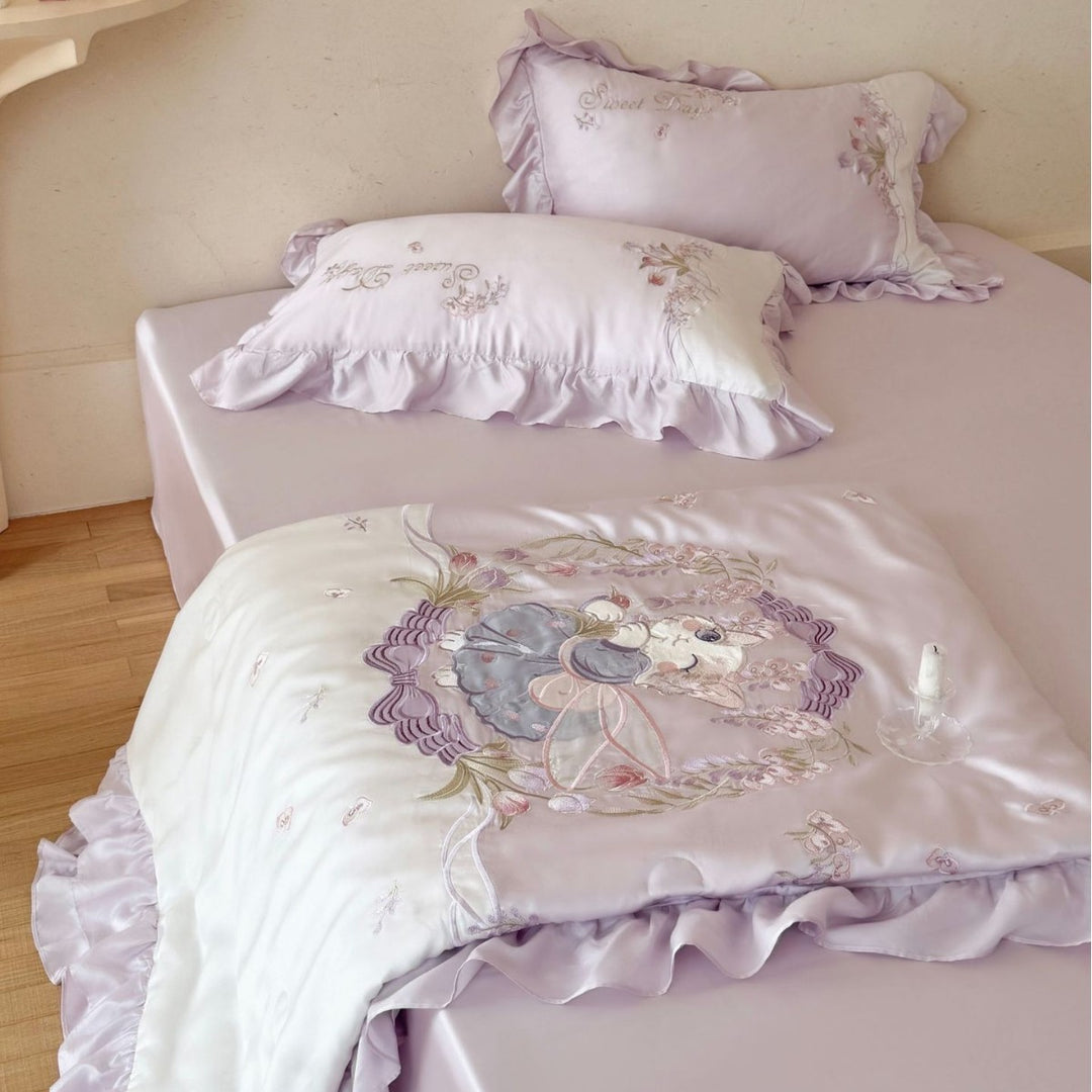 Romantic satin bedding complete set with embroidered bedspread and frill