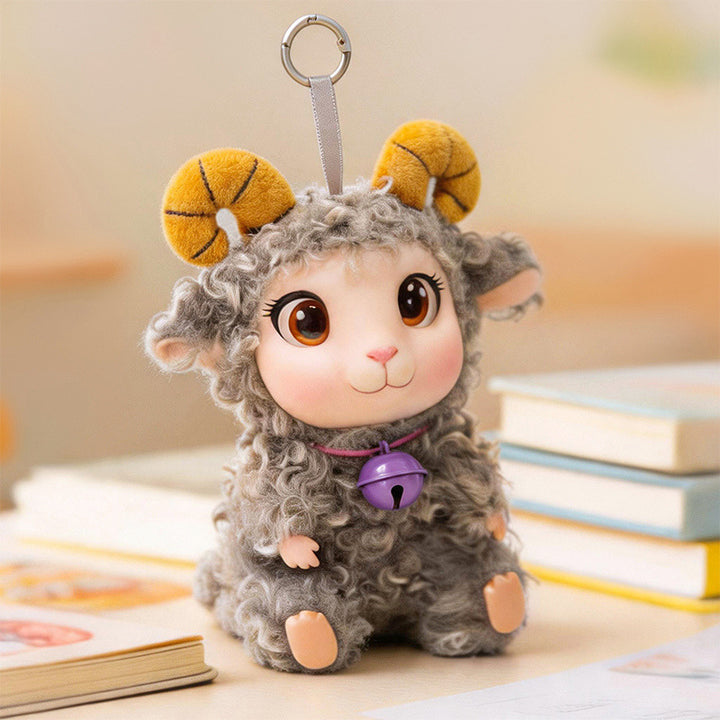Plush Ram Keychain Charm with Curly Faux-Fur, Sculpted Face, Bell Necklace and Metal Ring Kalsten