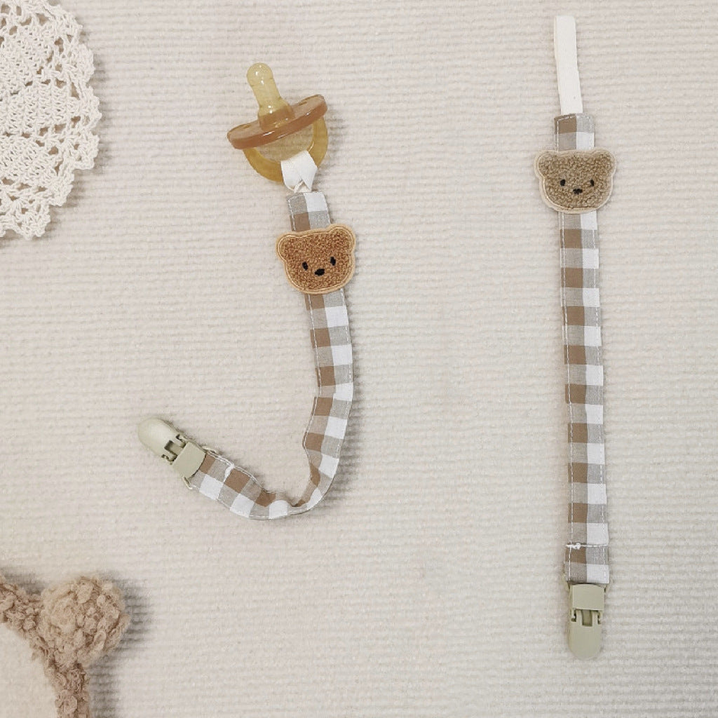 Gingham Cotton Pacifier and Teether Clip with Embroidered Bear Applique