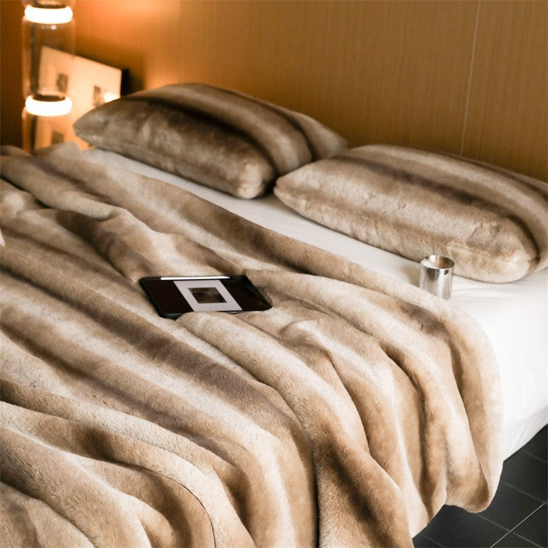 Fluffy faux fur bedding set with horizontal stripe relief