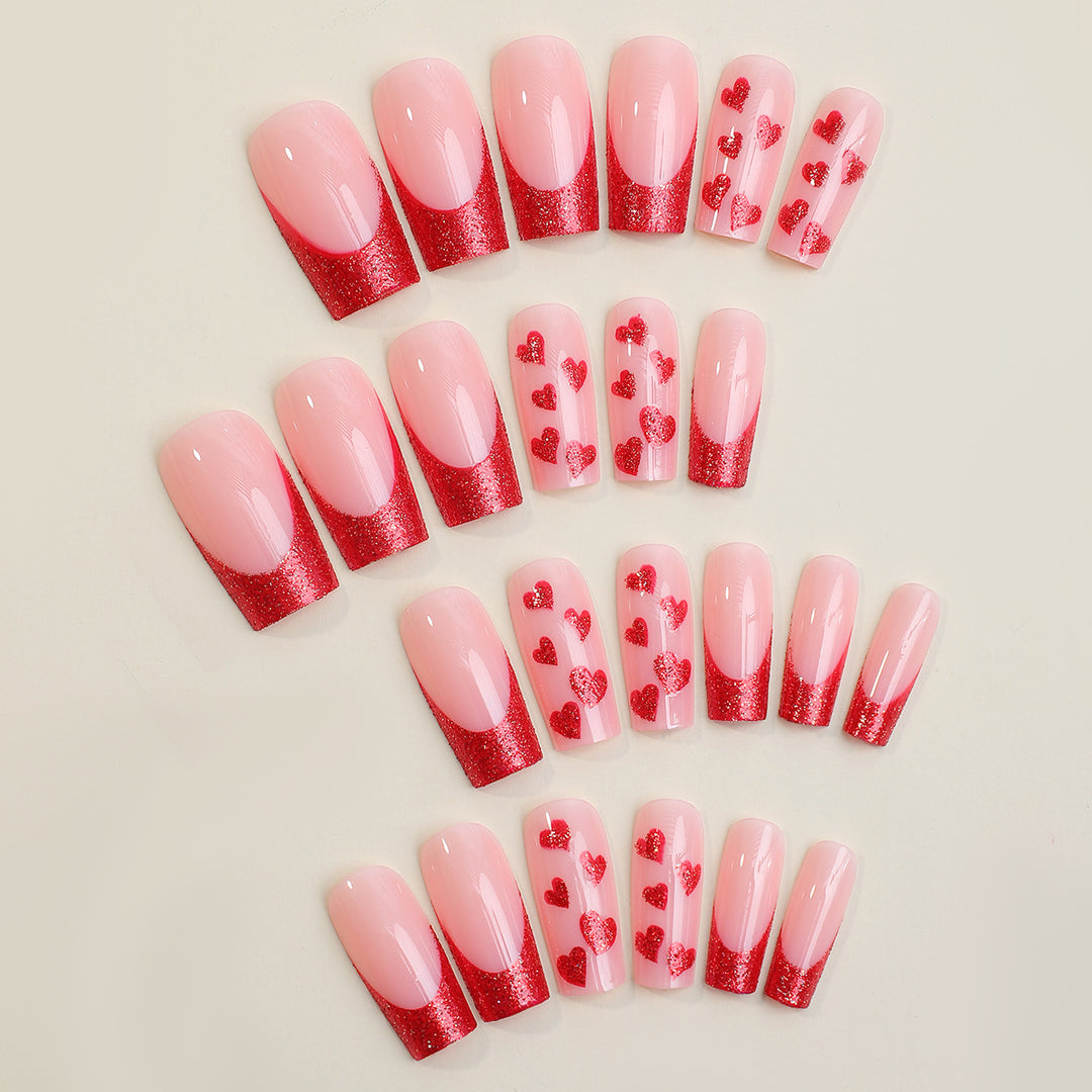 Premium Decorative Press-On Nail Set with Heart and Glitter Designs Kalsten