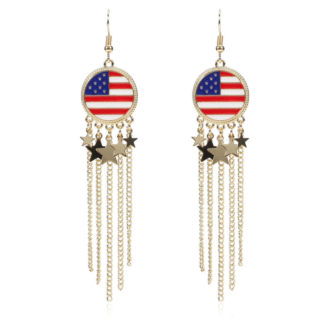 Women's nan long beaded fringe dangle earrings with enamel flag medallion and crystal drops Kalsten