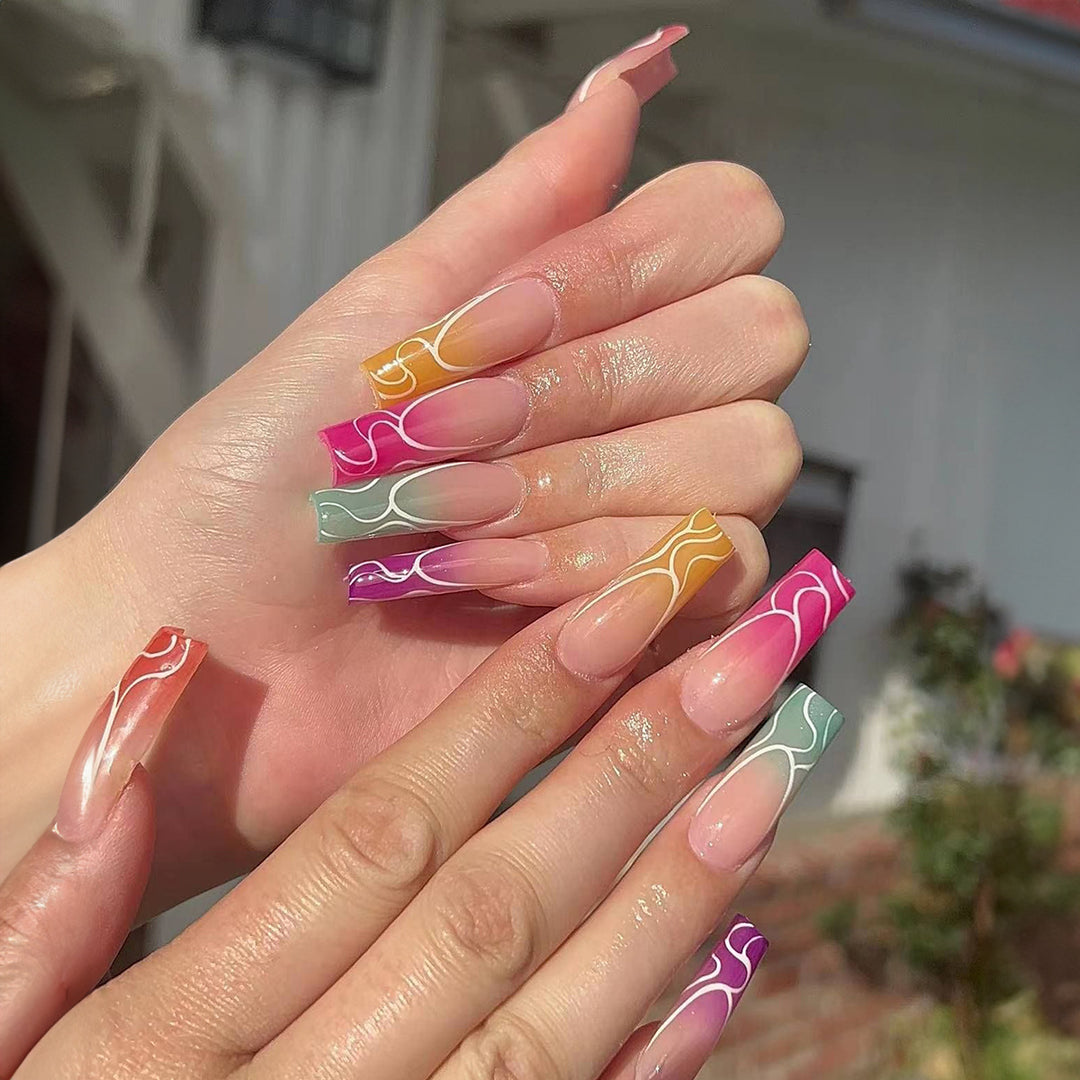 Artistic Press-On Nail Set with Gradient Swirl Designs kalsten