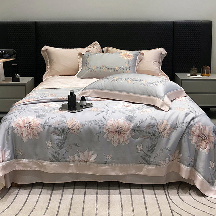 Luxurious cotton satin bedding set with floral watercolor print and fine satin trim
