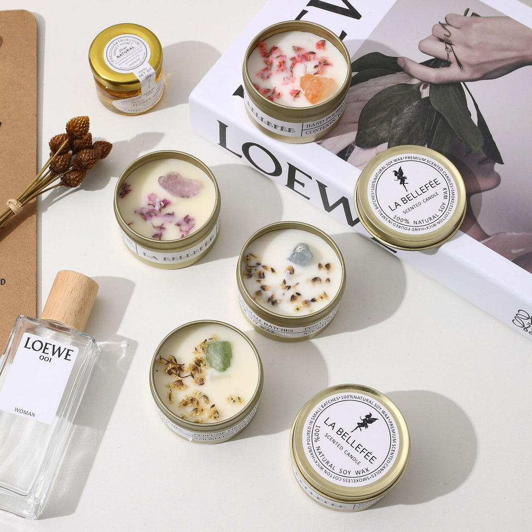 Hand-Poured Soy Tin Candle with Embedded Crystal and Dried Flower Accents