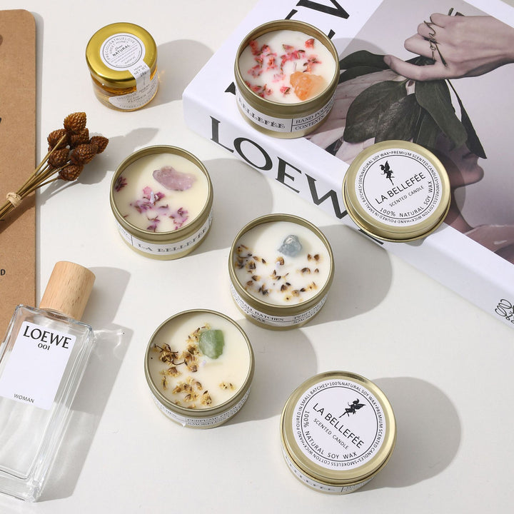 Hand-Poured Soy Tin Candle with Embedded Crystal and Dried Flower Accents