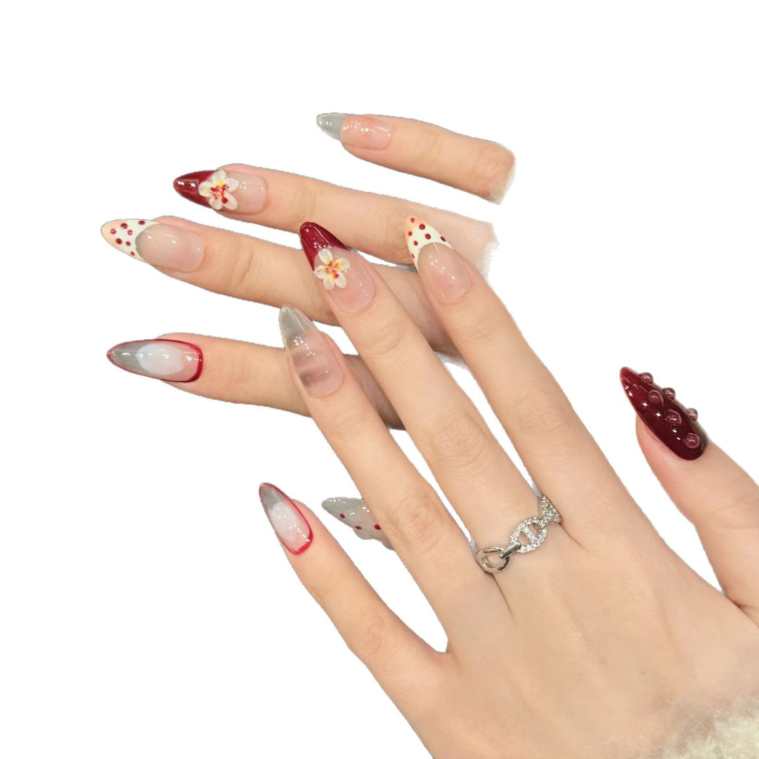 Artistic Press-On Nail Set with Floral and Geometric Design