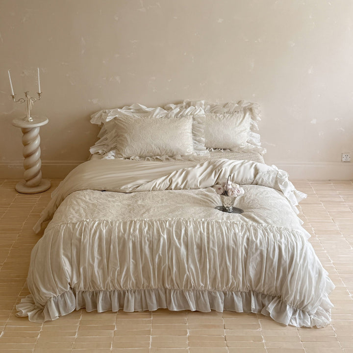 Vintage-inspired Ruffled Bedding Set with Fine Embroidery and Ruffle