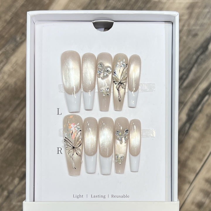 Elegant Press-On Nail Art Set with Butterfly and Jewel Accents Kalsten