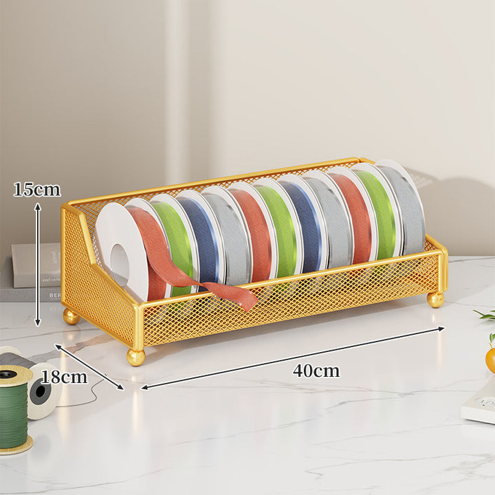 Metal Mesh Ribbon and Tape Spool Organizer with Integrated Scissor Slot