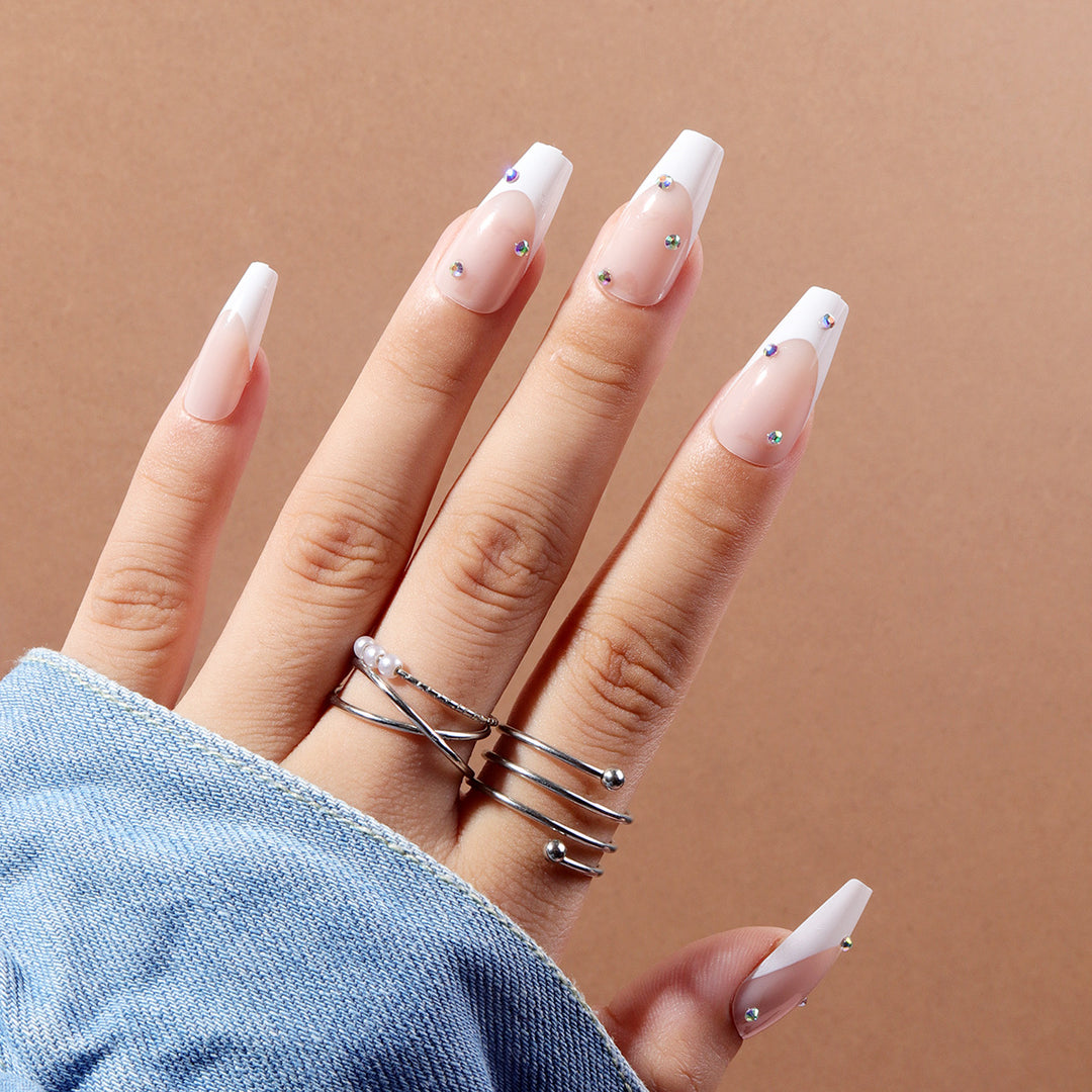 Elegant Iconic French Tip Press-On Nails with Rhinestone Accents Kalsten