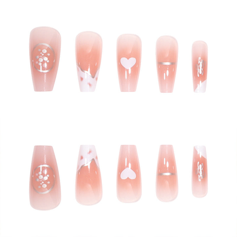 Elegant Long Press-On Nails with Artistic Heart and Gem Accents Kalsten