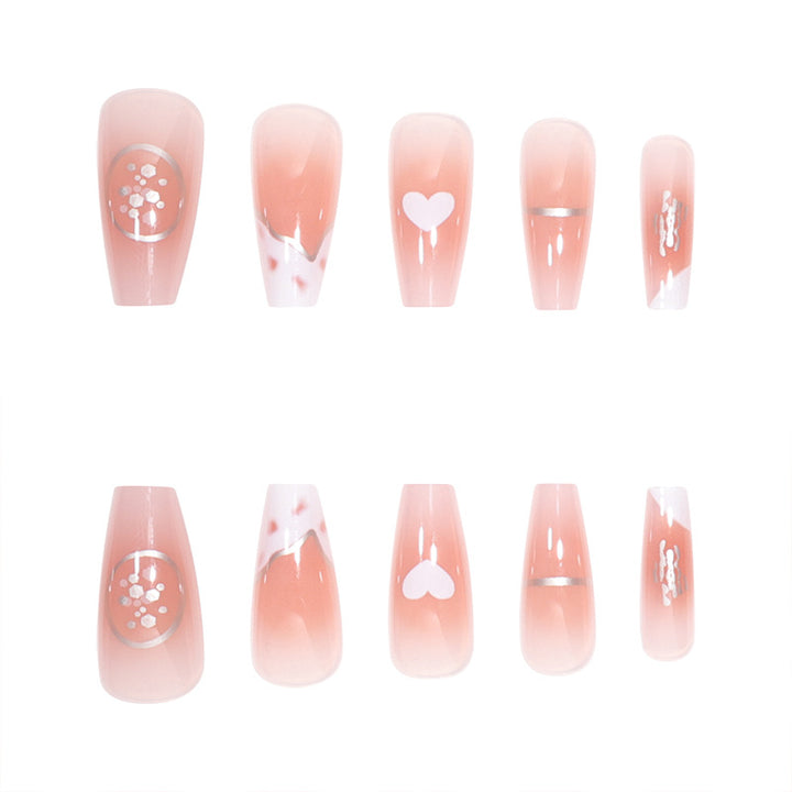 Elegant Long Press-On Nails with Artistic Heart and Gem Accents Kalsten