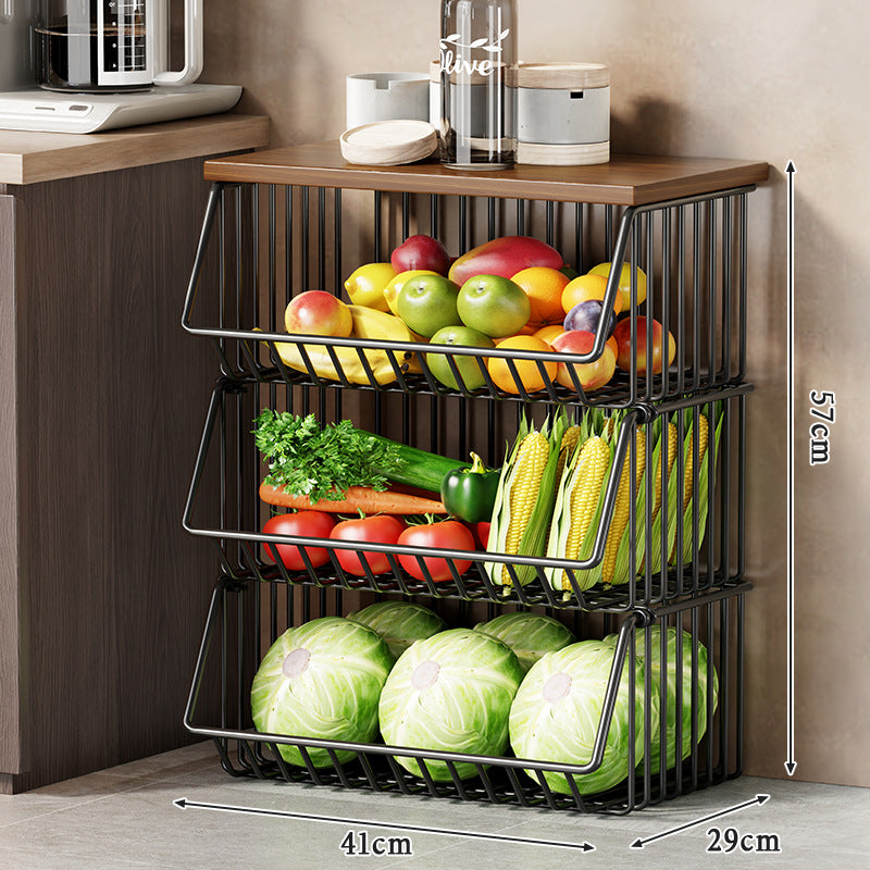 Multi-Tier Rolling Kitchen Pantry Cart with Wood Top and Deep Wire Storage Baskets