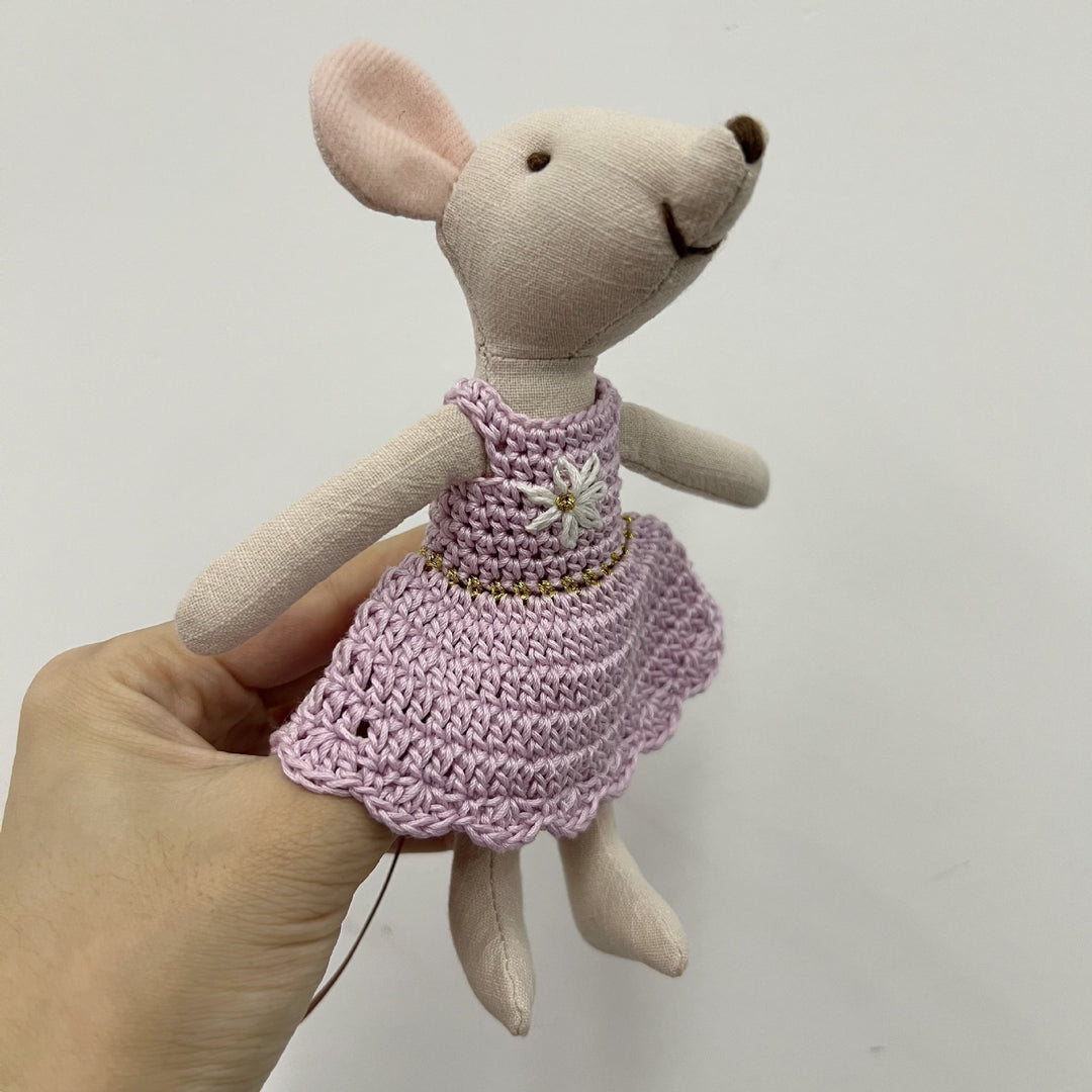 Handcrafted Cotton Mouse Doll with Crochet Floral Dress