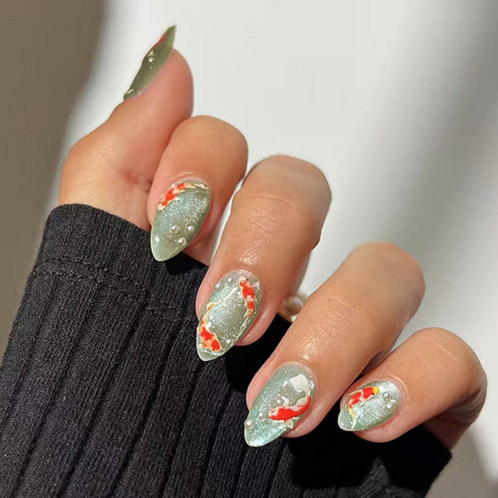 Decorative Press-On Nail Art Set with Koi Fish and Gem Accents kalsten