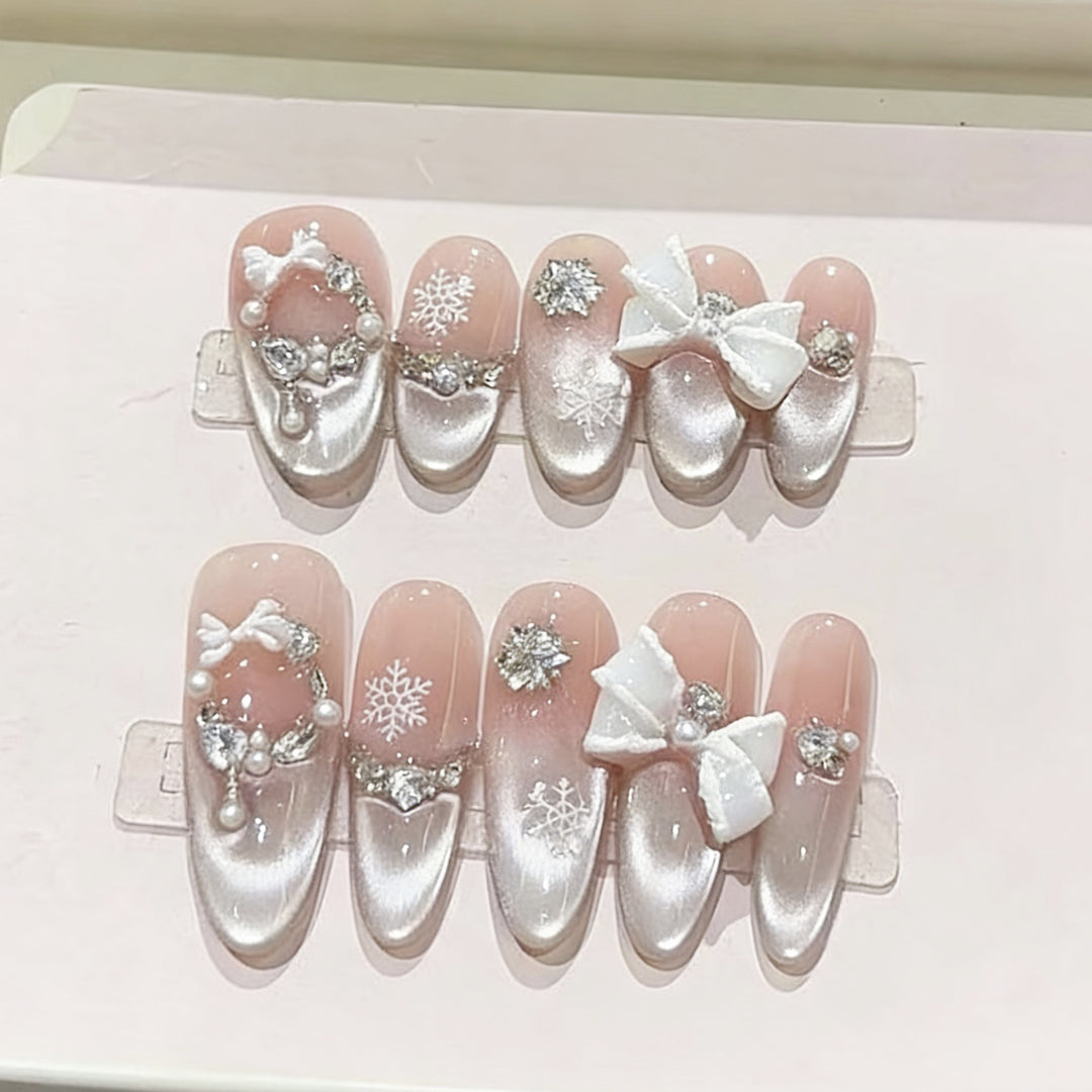 Decorative Press-On Nail Art Set with Snowflake and Bow Accents Kalsten