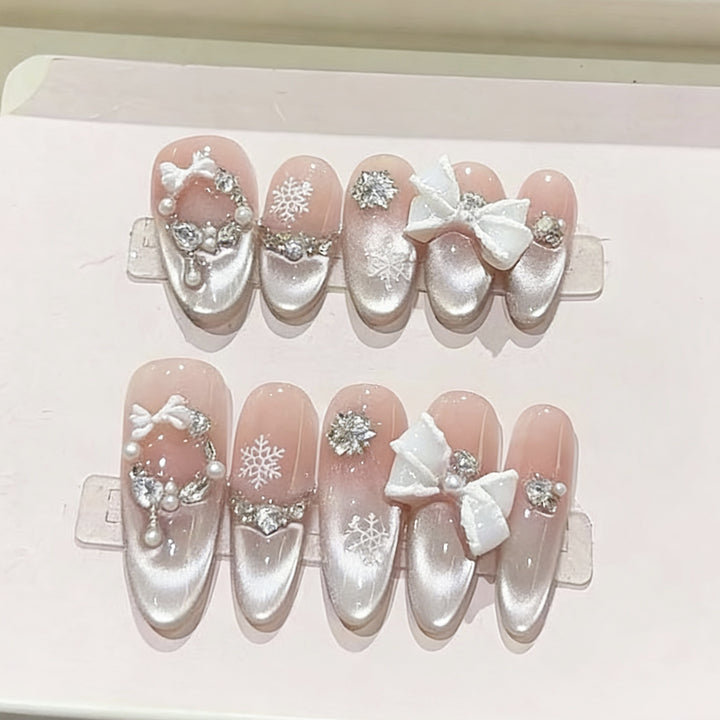 Decorative Press-On Nail Art Set with Snowflake and Bow Accents Kalsten