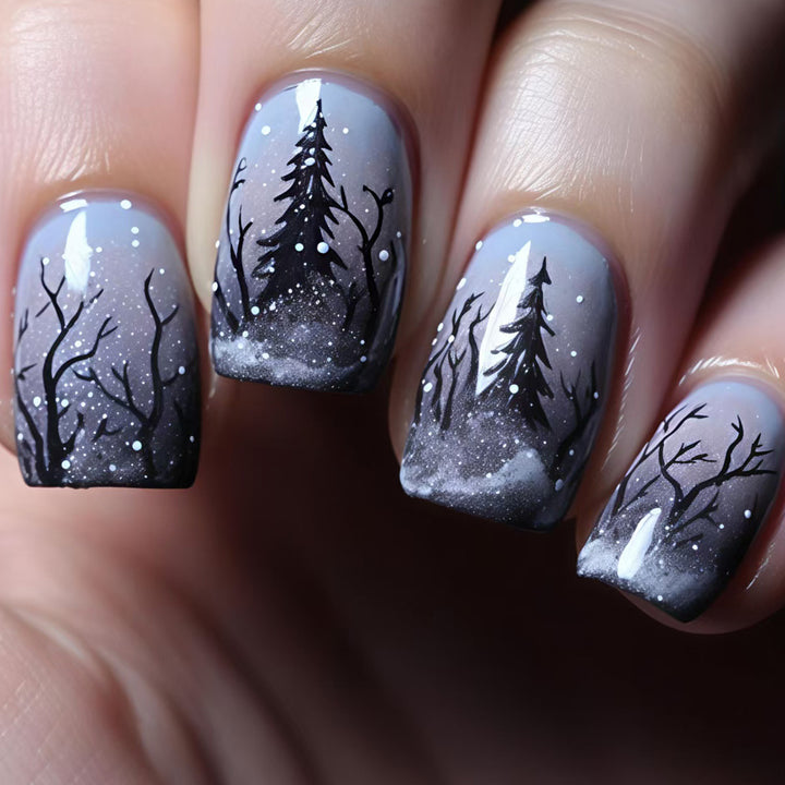 Artificial nail art with winter forest motif Kalsten