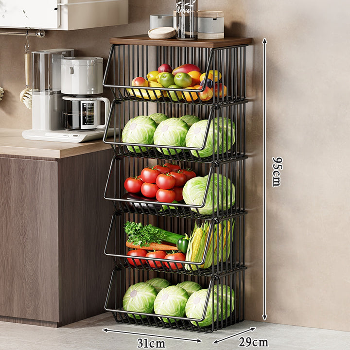 Slim Vertical Rolling Wire Produce and Pantry Organizer Cart with Wood Top