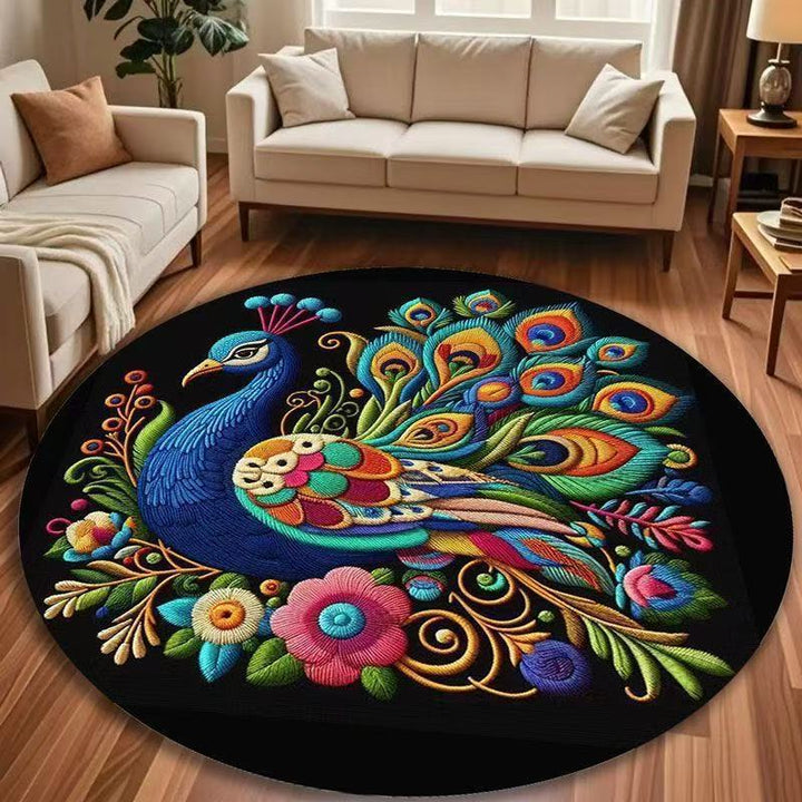 Round Peacock-Inspired Area Rug