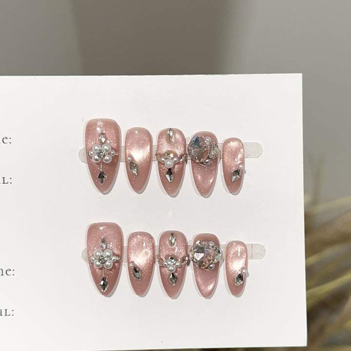 Glamorous Press-On Nail Art Set with Pearl and Stone Accents