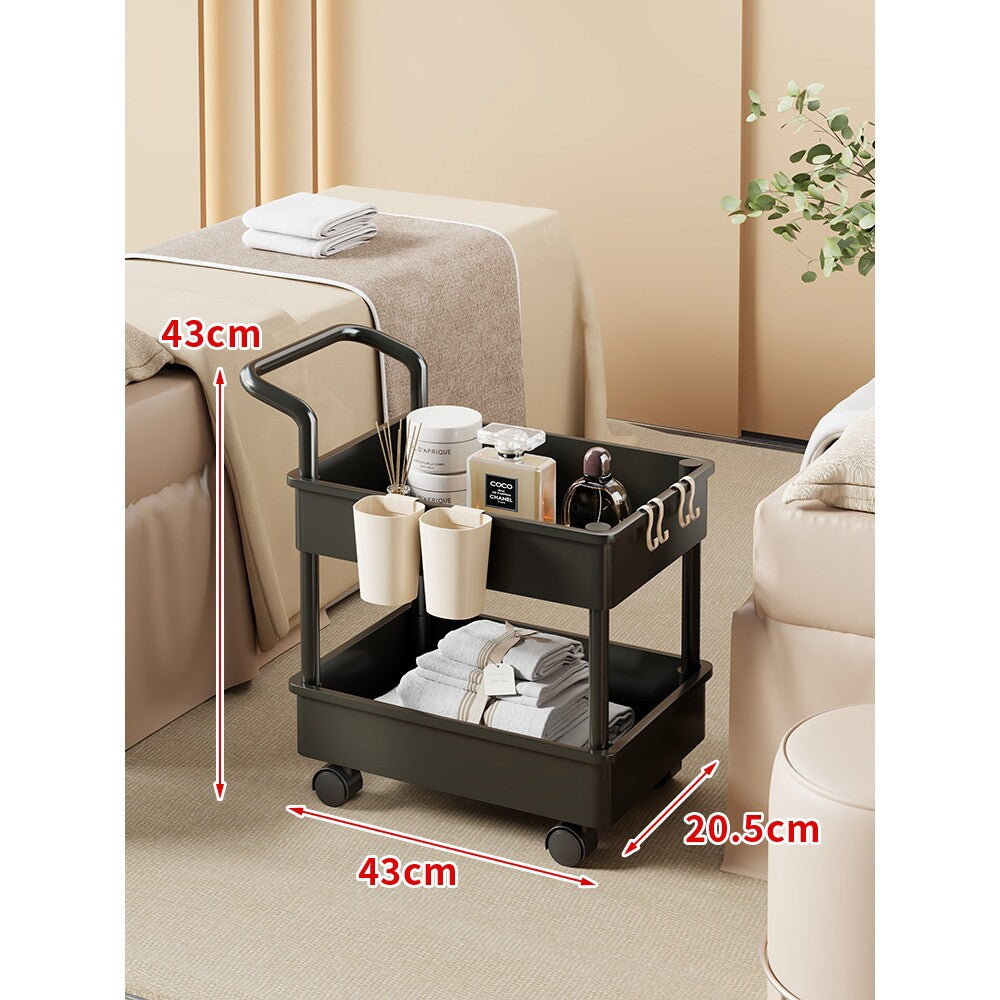 Compact Two-Tier Rolling Storage Trolley with Handle and Hooks