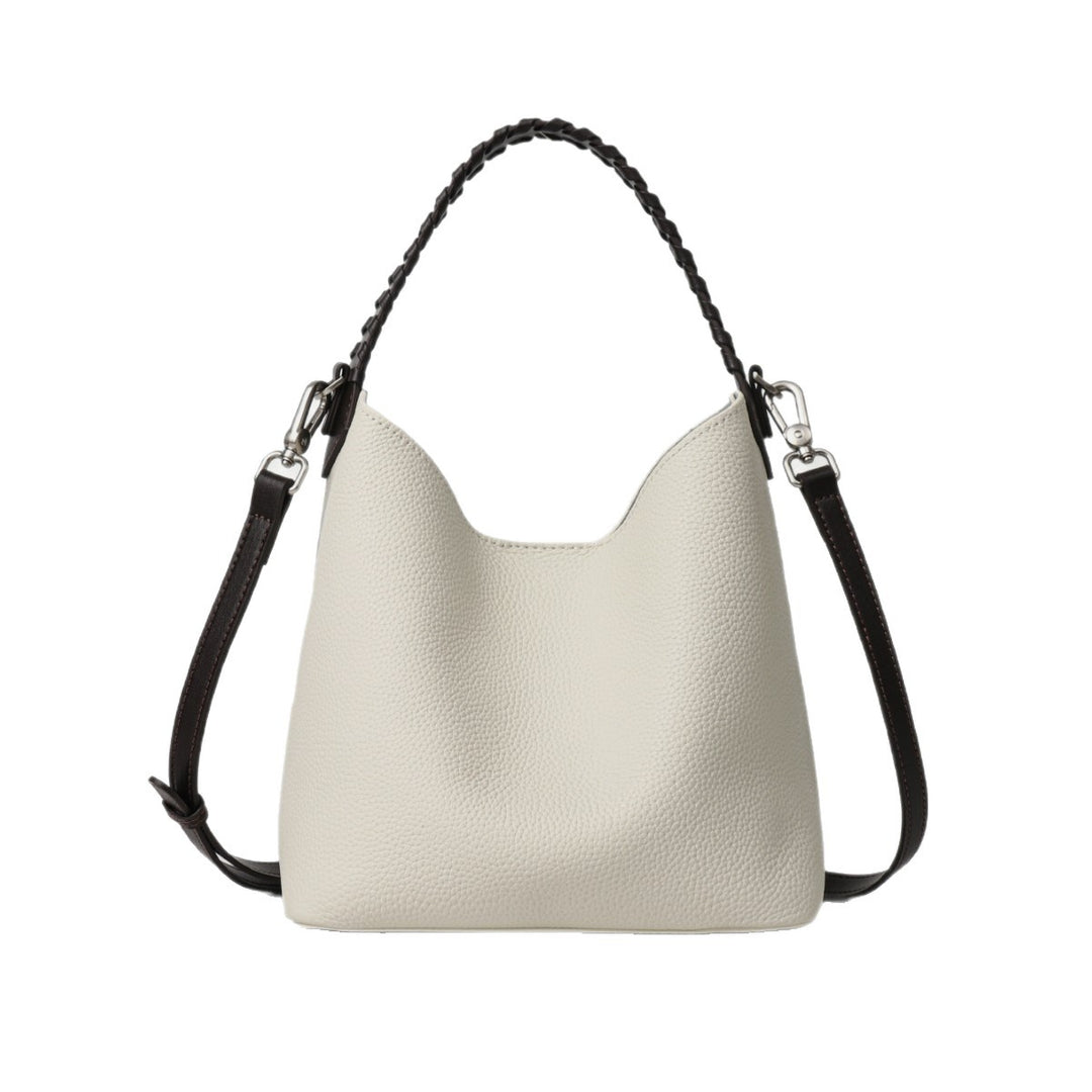 Pebbled Leather Bucket Hobo Bag with Braided Top Handle & Detachable Shoulder Strap
