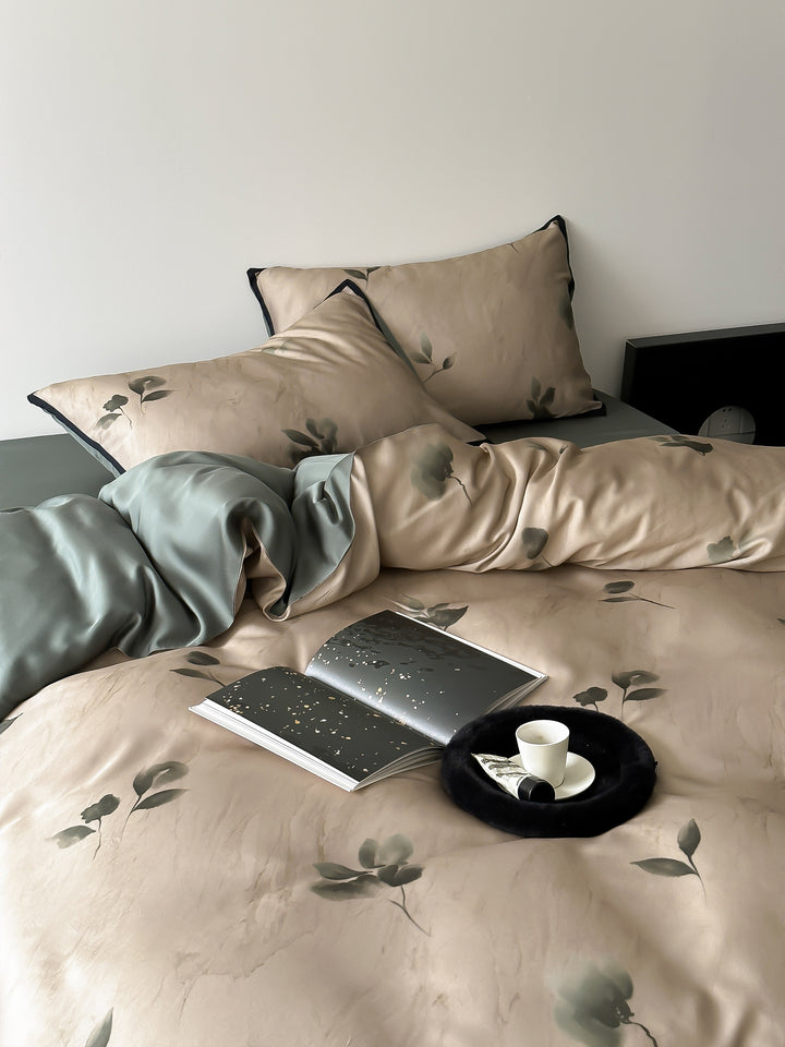 Luxury satin bedding set with floral print and elegant pillowcases