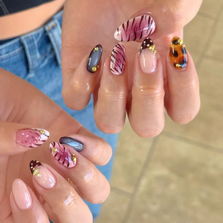 Artistic Press-On Nail Set with Unique Patterns and Embellishments Kalsten