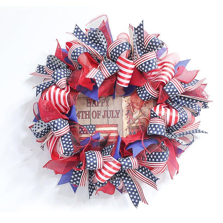 Unisex nan patriotic Americana fabric and wood door wreath with ribbon bows Kalsten