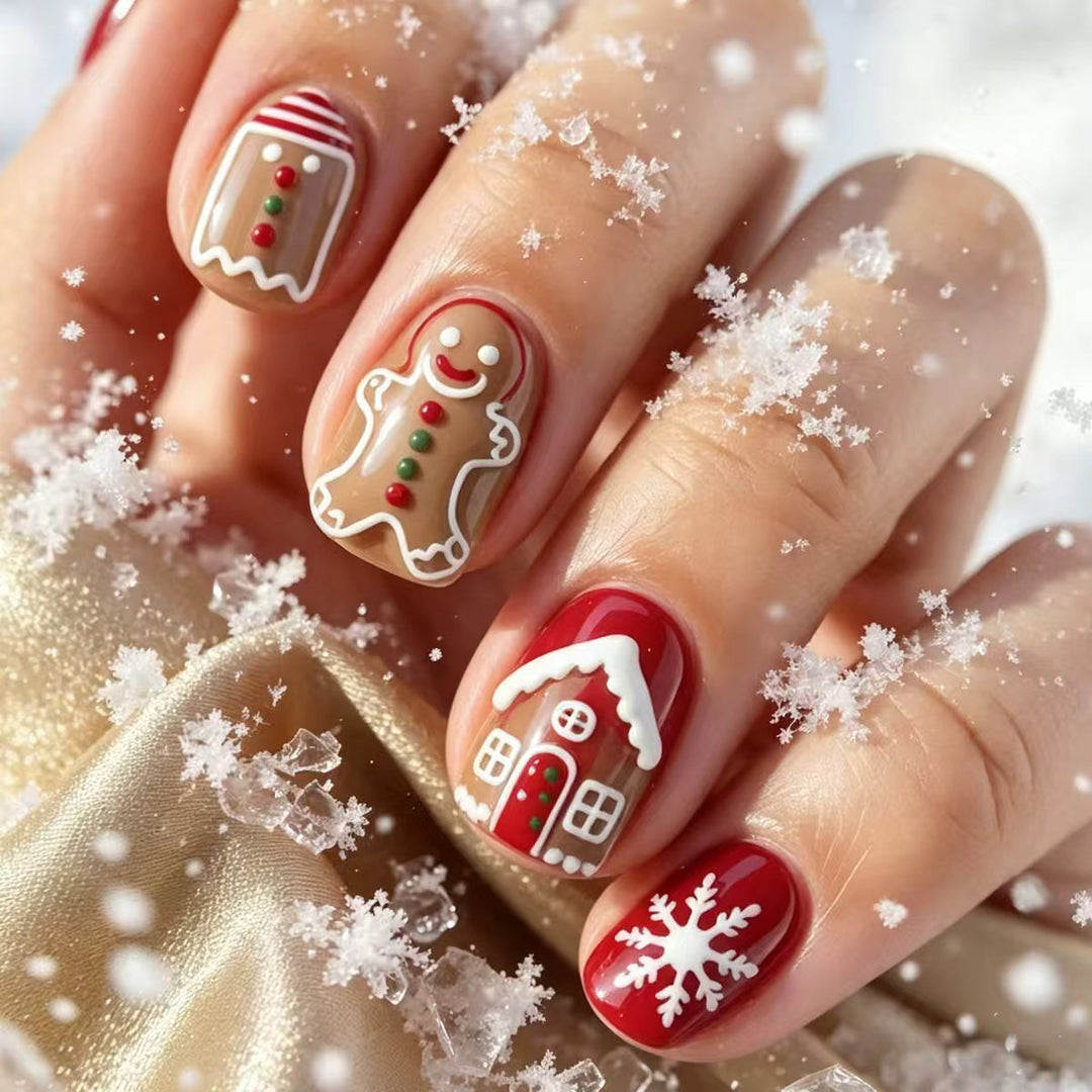Artificial nails in Christmas gingerbread house design Kalsten