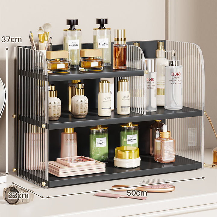 Two-Tier Countertop Beauty and Skincare Organizer with Adjustable Middle Shelf and Vertical Wire Panels